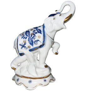 Porcelain Elephant Figurine WHT w/BLU GLD Floral Accents Trunk Up Lmt Ed Vienna